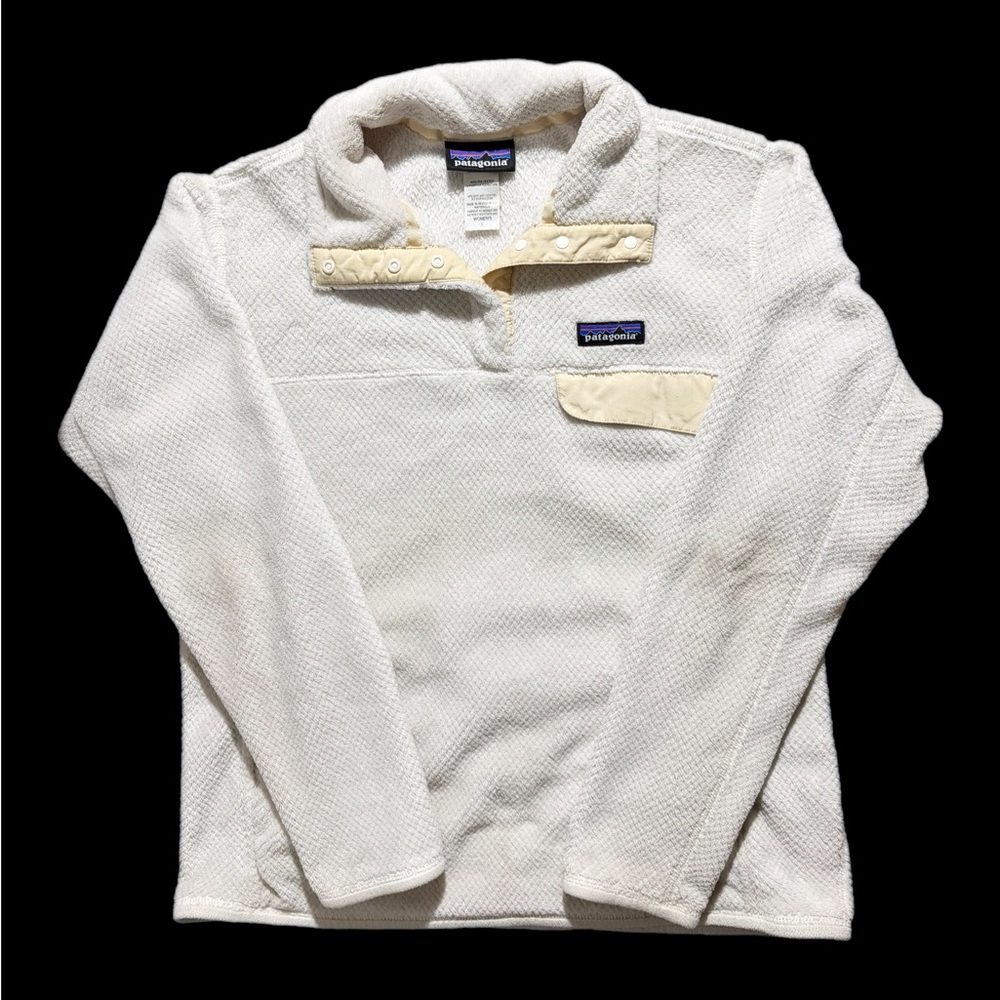 Patagonia Sweater Womens Large White Fleece Snap T Logo Cozy Pullover Pocket